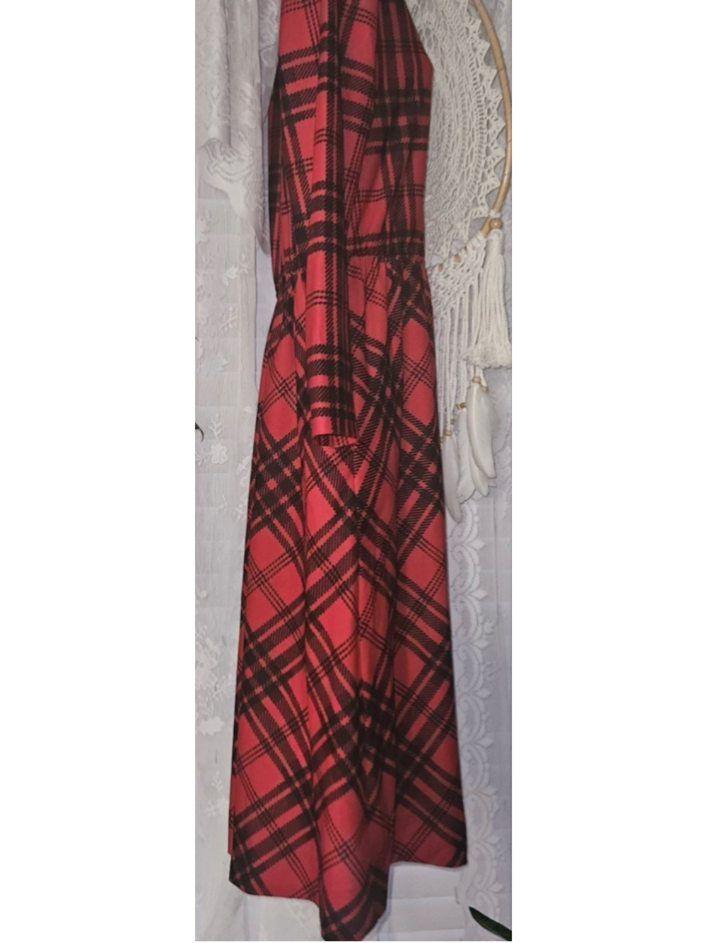 Vintage Herman Marcus Red Tartan Plaid Bow Midi Dress XS USA Made - Picture 4 of 10